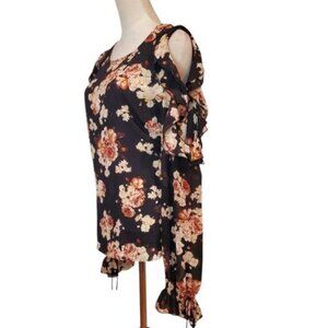NEW ROSE & OLIVE SZ XL Floral Roses Pink Black Cold Shoulder Ruffles Blouse